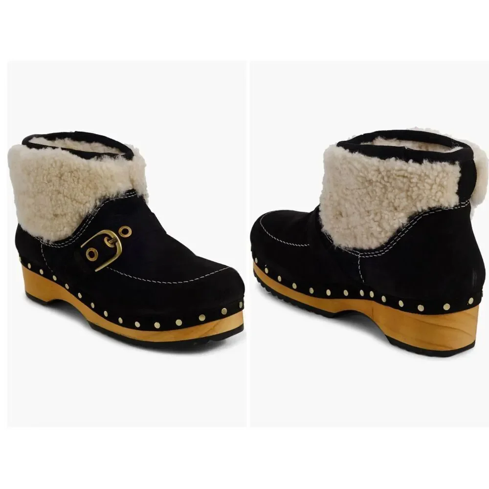 New Free People Oak Clog Boots Black Suede Buckle Cream Sherpa Platform Shoes 9